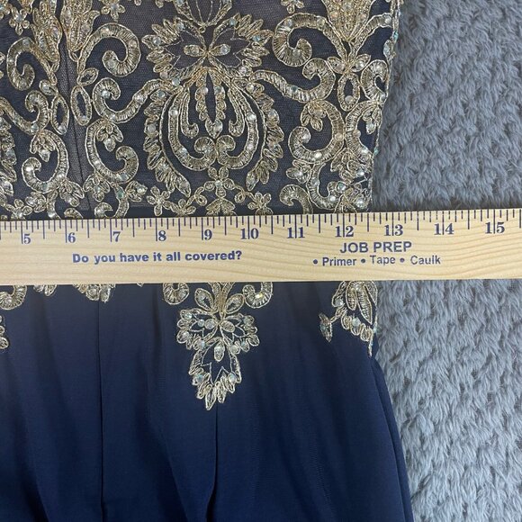 Xscape Crystal Embroidered Halter Velvet Gown in Blue/Gold Size 6 Prom Formal - Picture 13 of 15